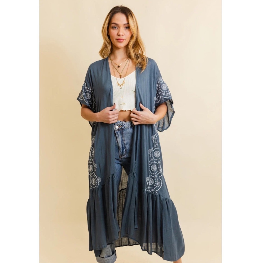 Boho Tribal Embroidered Longline Kimono Teal Blue Festival One Size RN 134333